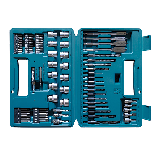 Boîtier bleu contenant 80 embouts Makita pour perçage, vissage, empreinte Hex et douilles, bien alignés sur fond blanc